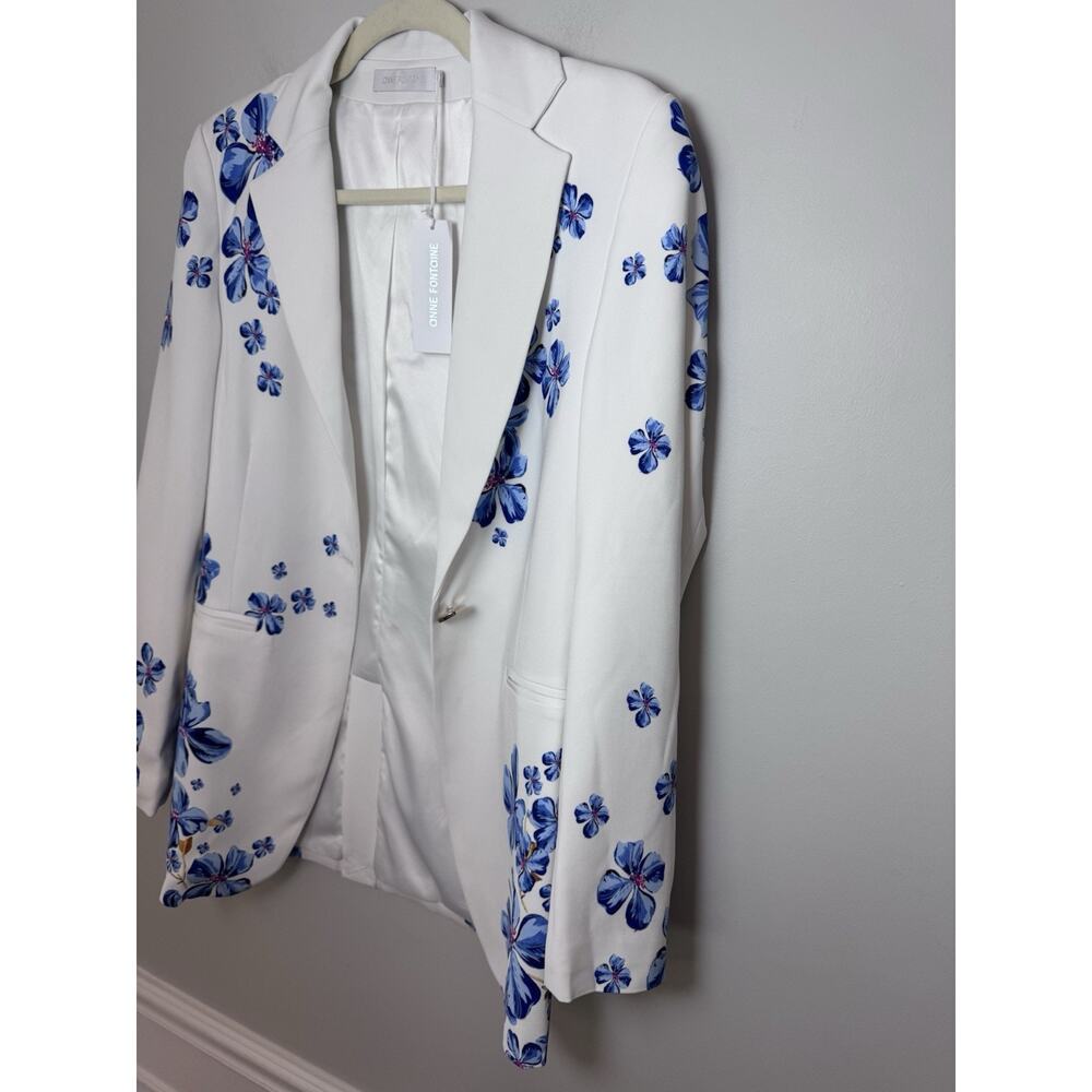 Anne Fontaine White Blazer with Blue Floral Print, new with tags sz 6, no belt - Picture 13 of 16